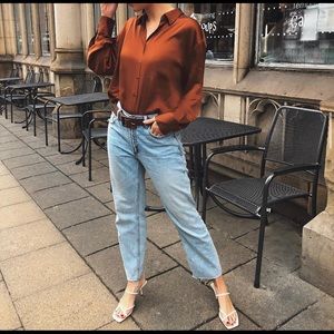 Oversized satin button down shirt in Burnt orange